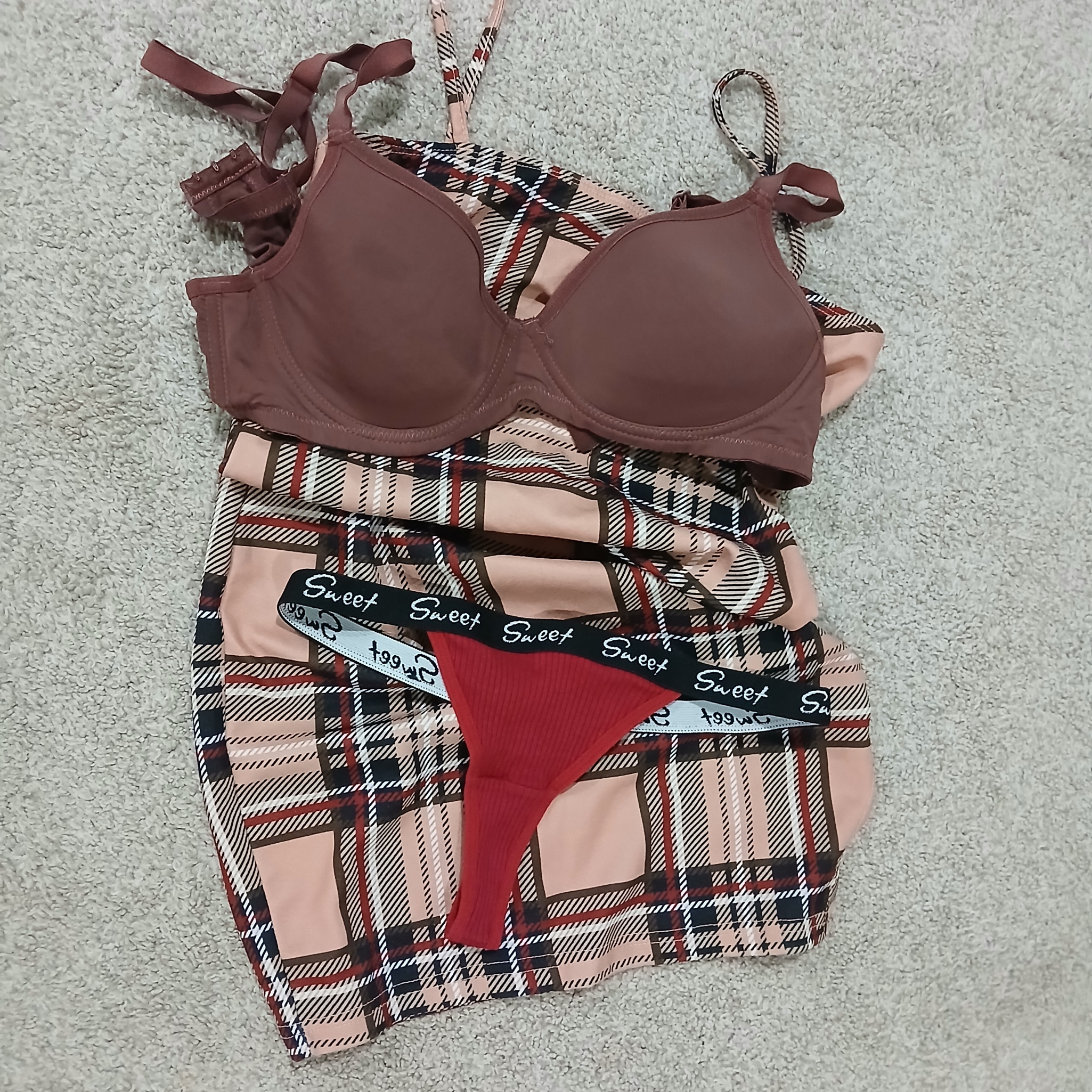Mailed Outfit With Red Thong Brown Bra Plaid Dress 5 Vids